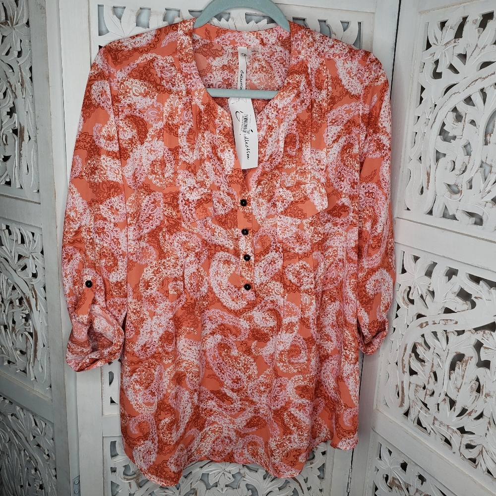 NY Collection Orange Paisley 3/4 Sleeve Shirt